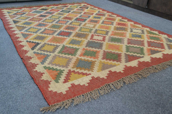Large Red Kilim Rug Jute Wool Cotton 9ft x 6ft 270cm x 180cm -Rug