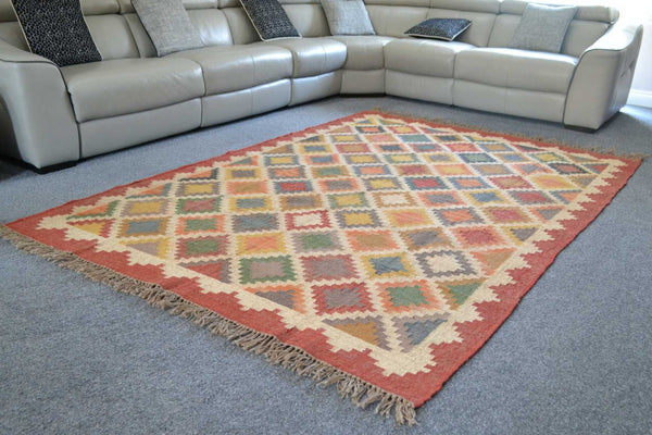 Large Red Kilim Rug Jute Wool Cotton 9ft x 6ft 270cm x 180cm -Rug