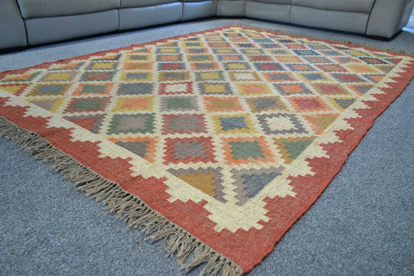 Large Red Kilim Rug Jute Wool Cotton 9ft x 6ft 270cm x 180cm -Rug