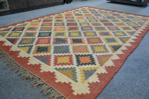 Large Red Kilim Rug Jute Wool Cotton 9ft x 6ft 270cm x 180cm -Rug