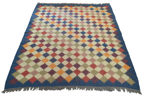 Extra Large Navy Kilim Rug Jute Wool Cotton 8ft x 10ft 240cm x 300cm -Rug