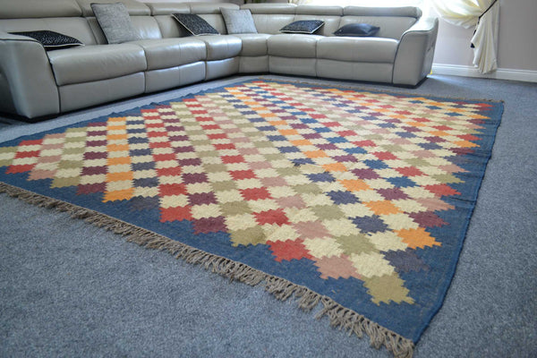 Extra Large Navy Kilim Rug Jute Wool Cotton 8ft x 10ft 240cm x 300cm -Rug
