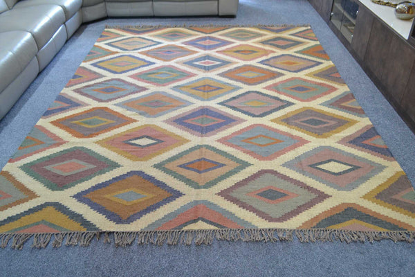 Extra Large Diamond Kilim Rug Jute Wool Cotton 8ft x 10ft 240cm x 300cm -Rug