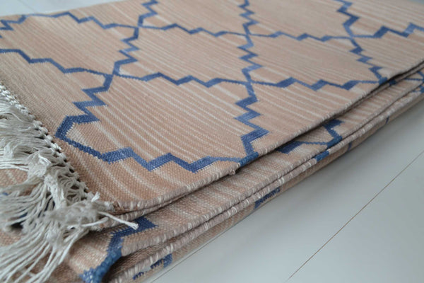 100% Cotton Kilim Rug Salmon Pink Navy 6ft x 9ft Dhurrie 180cm x 270cm -Rug