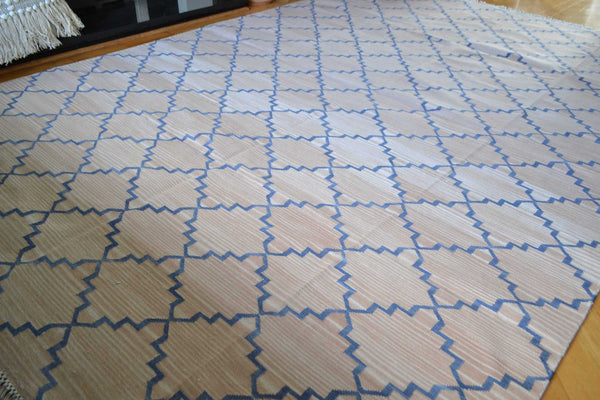 100% Cotton Kilim Rug Salmon Pink Navy 6ft x 9ft Dhurrie 180cm x 270cm -Rug