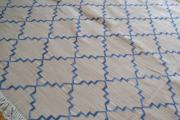 100% Cotton Kilim Rug Salmon Pink Navy 6ft x 9ft Dhurrie 180cm x 270cm -Rug