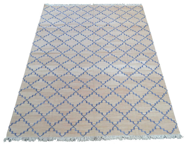 100% Cotton Kilim Rug Salmon Pink Navy 6ft x 9ft Dhurrie 180cm x 270cm -Rug
