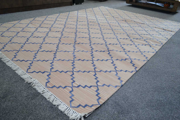 100% Cotton Kilim Rug Salmon Pink Navy 6ft x 9ft Dhurrie 180cm x 270cm -Rug