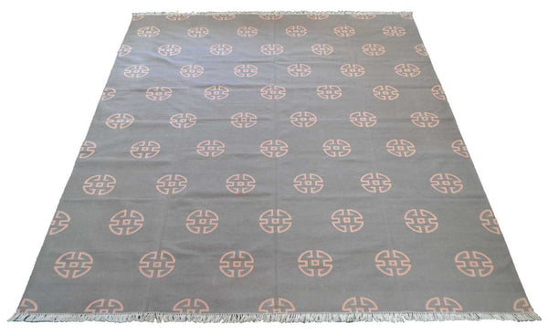 100% Cotton Kilim Rug Grey Salmon Pink 8ft x 10ft Dhurrie 240cm x 300cm -Rug