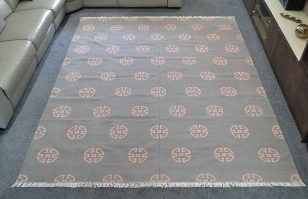 100% Cotton Kilim Rug Grey Salmon Pink 8ft x 10ft Dhurrie 240cm x 300cm -Rug