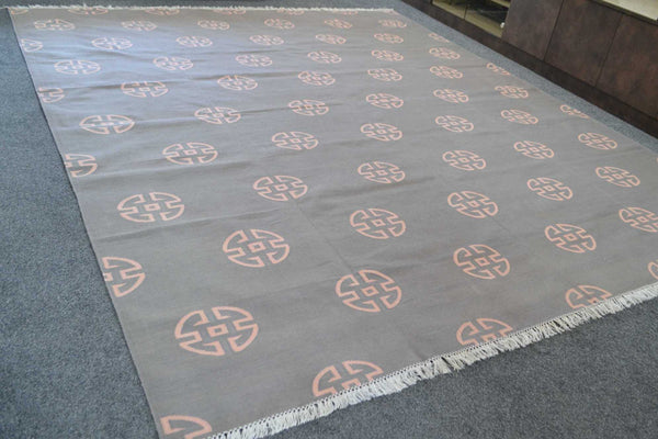100% Cotton Kilim Rug Grey Salmon Pink 8ft x 10ft Dhurrie 240cm x 300cm -Rug