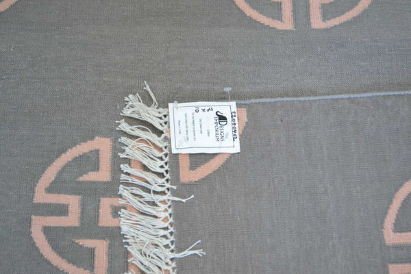 100% Cotton Kilim Rug Grey Salmon Pink 8ft x 10ft Dhurrie 240cm x 300cm -Rug