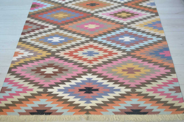 100% Cotton Kilim Rug Multicolour Geometric Diamond 6ft x 4ft Dhurrie 180cm x 120cm -Rug