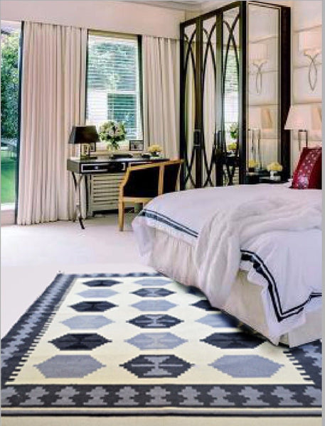 Kilim Rug Wool Indian 195cm x 145cm Kelim Cream Black Hand Woven Knotted 6.5ft x 5ft -Rug