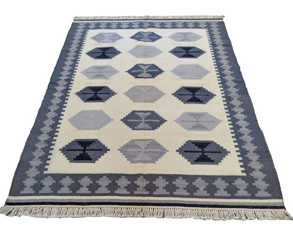 Kilim Rug Wool Indian 195cm x 145cm Kelim Cream Grey Hand Woven Knotted 6.5ft x 5ft -Rug