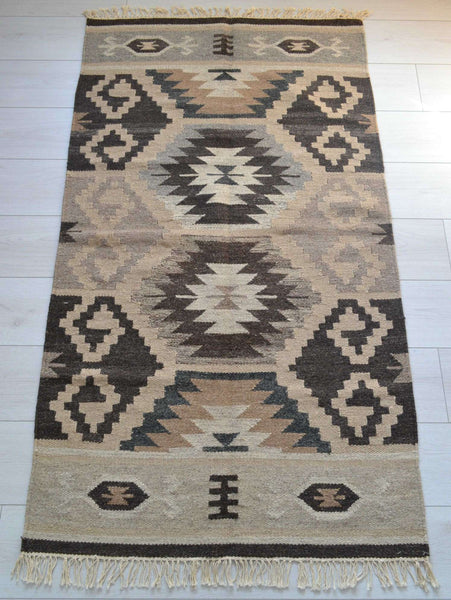 Kilim Rug Wool Indian 165cm x 90cm Kelim Brown Beige Hand Woven Knotted 5.5ft x 3ft -Rug