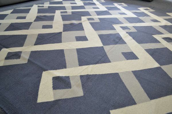 10ft Navy Grey Wool Kilim Rug 240cm x 300cm Kelim Hand Woven Knotted 8ft x 10ft -Rug
