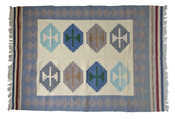 Blue Wool Kilim Rug Geometric 180cm x 120cm Kelim Hand Woven Knotted 6ft x 4ft -Rug