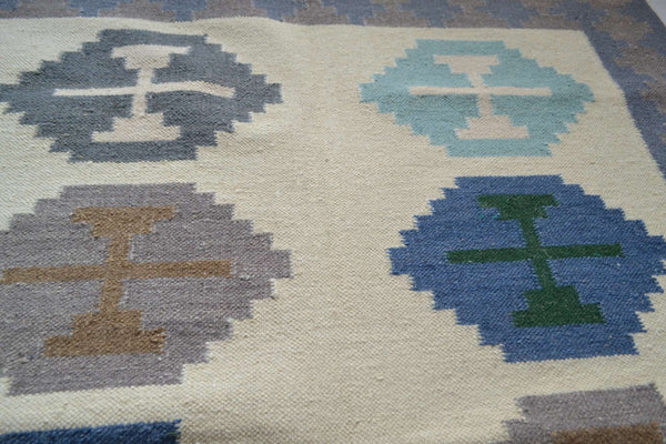 Blue Wool Kilim Rug Geometric 180cm x 120cm Kelim Hand Woven Knotted 6ft x 4ft -Rug