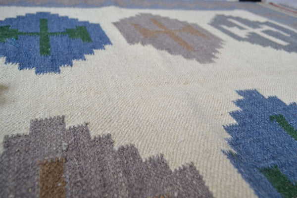 Blue Wool Kilim Rug Geometric 180cm x 120cm Kelim Hand Woven Knotted 6ft x 4ft -Rug