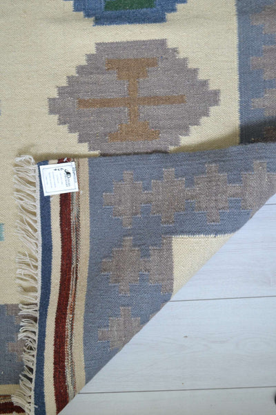 Blue Wool Kilim Rug Geometric 180cm x 120cm Kelim Hand Woven Knotted 6ft x 4ft -Rug