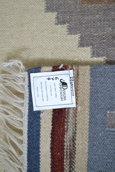 Blue Wool Kilim Rug Geometric 180cm x 120cm Kelim Hand Woven Knotted 6ft x 4ft -Rug