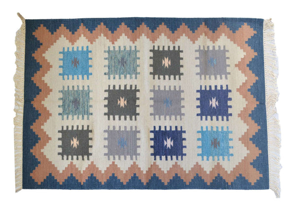 Blue Grey Wool Kilim Rug Geometric 180cm x 120cm Kelim Hand Woven Knotted 6ft x 4ft -Rug