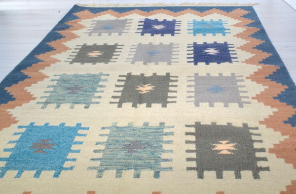 Blue Grey Wool Kilim Rug Geometric 180cm x 120cm Kelim Hand Woven Knotted 6ft x 4ft -Rug