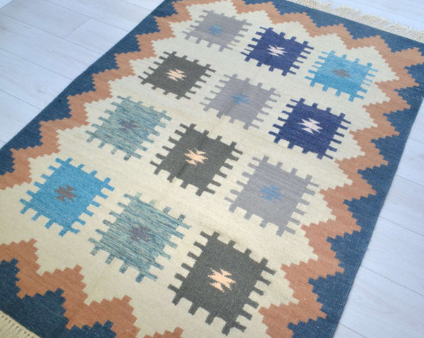 Blue Grey Wool Kilim Rug Geometric 180cm x 120cm Kelim Hand Woven Knotted 6ft x 4ft -Rug