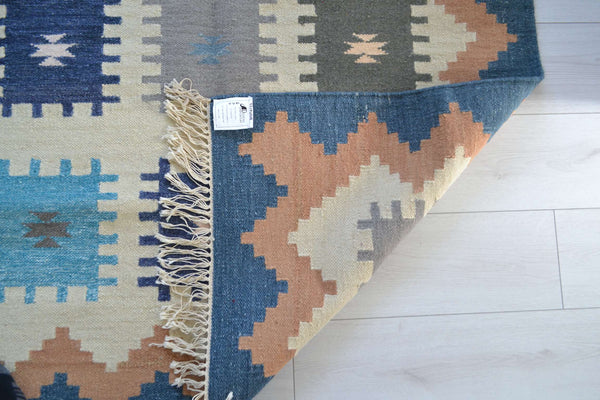 Blue Grey Wool Kilim Rug Geometric 180cm x 120cm Kelim Hand Woven Knotted 6ft x 4ft -Rug