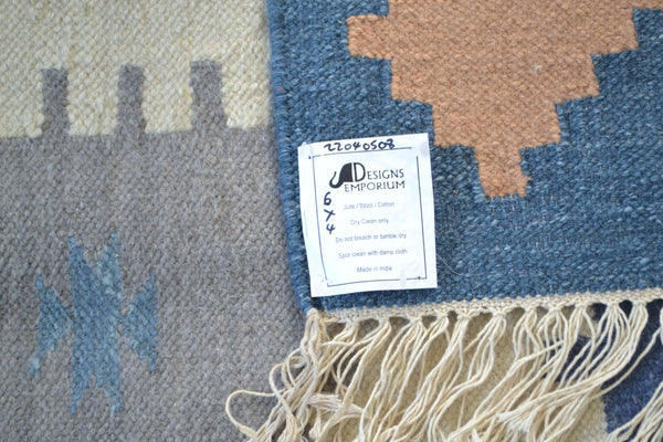 Blue Grey Wool Kilim Rug Geometric 180cm x 120cm Kelim Hand Woven Knotted 6ft x 4ft -Rug