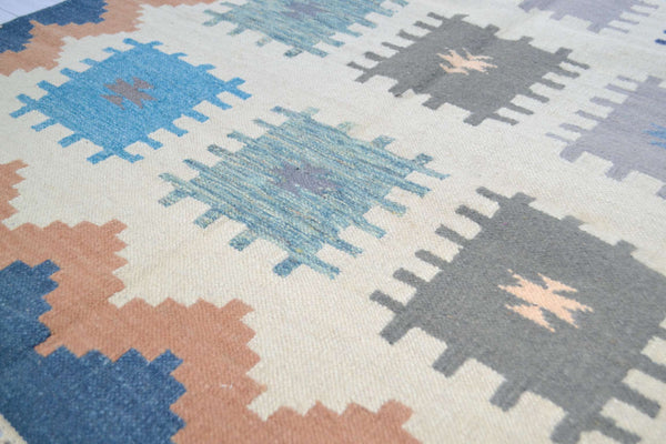 Blue Grey Wool Kilim Rug Geometric 180cm x 120cm Kelim Hand Woven Knotted 6ft x 4ft -Rug