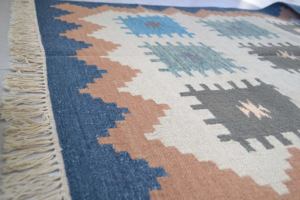 Blue Grey Wool Kilim Rug Geometric 180cm x 120cm Kelim Hand Woven Knotted 6ft x 4ft -Rug