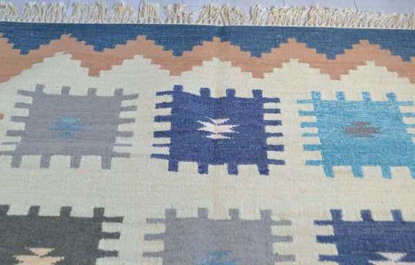 Blue Grey Wool Kilim Rug Geometric 180cm x 120cm Kelim Hand Woven Knotted 6ft x 4ft -Rug