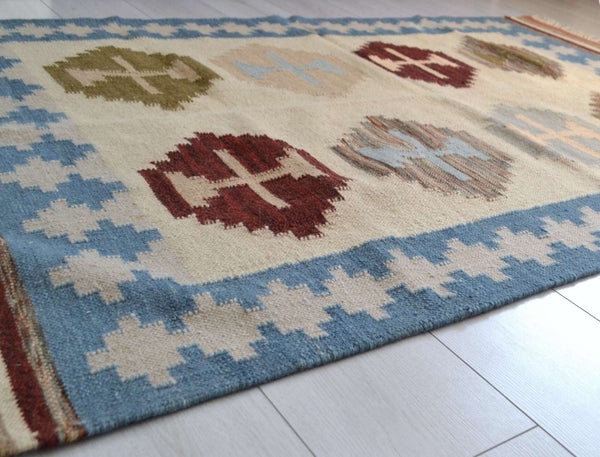 Blue Cream Wool Kilim Rug Geometric 180cm x 120cm Kelim Hand Woven Knotted 6ft x 4ft -Rug