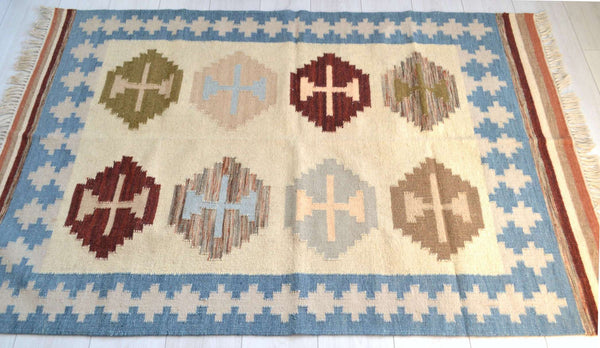 Blue Cream Wool Kilim Rug Geometric 180cm x 120cm Kelim Hand Woven Knotted 6ft x 4ft -Rug