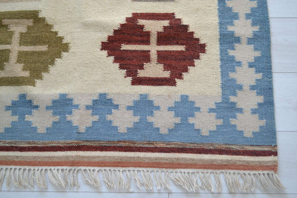 Blue Cream Wool Kilim Rug Geometric 180cm x 120cm Kelim Hand Woven Knotted 6ft x 4ft -Rug