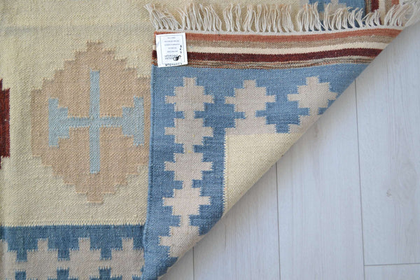 Blue Cream Wool Kilim Rug Geometric 180cm x 120cm Kelim Hand Woven Knotted 6ft x 4ft -Rug