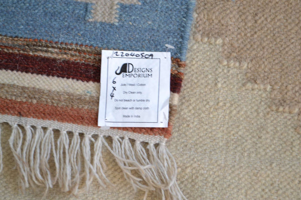 Blue Cream Wool Kilim Rug Geometric 180cm x 120cm Kelim Hand Woven Knotted 6ft x 4ft -Rug
