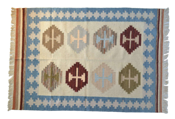 Blue Cream Wool Kilim Rug Geometric 180cm x 120cm Kelim Hand Woven Knotted 6ft x 4ft -Rug