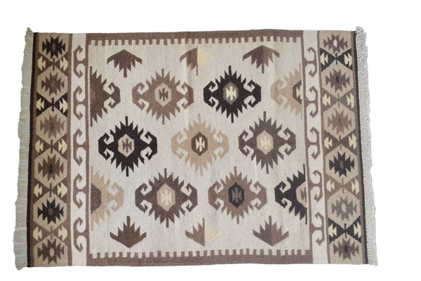 Brown Beige Wool Kilim Rug Geometric 180cm x 120cm Kelim Hand Woven Knotted 6ft x 4ft -Rug