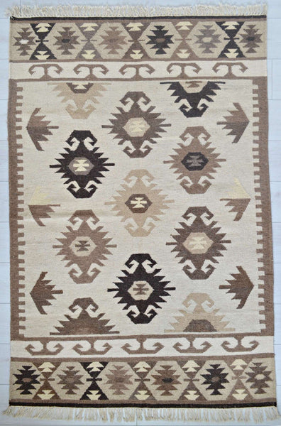 Brown Beige Wool Kilim Rug Geometric 180cm x 120cm Kelim Hand Woven Knotted 6ft x 4ft -Rug