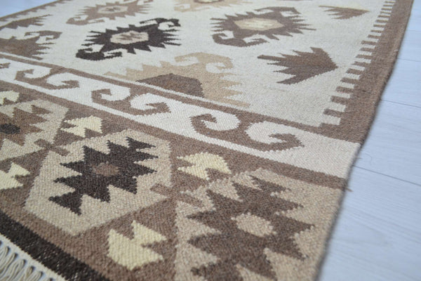 Brown Beige Wool Kilim Rug Geometric 180cm x 120cm Kelim Hand Woven Knotted 6ft x 4ft -Rug