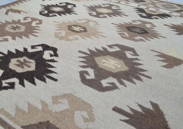 Brown Beige Wool Kilim Rug Geometric 180cm x 120cm Kelim Hand Woven Knotted 6ft x 4ft -Rug