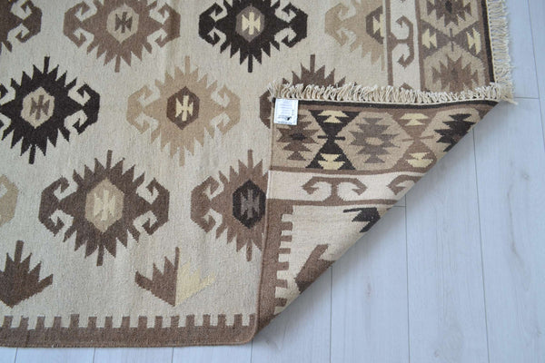 Brown Beige Wool Kilim Rug Geometric 180cm x 120cm Kelim Hand Woven Knotted 6ft x 4ft -Rug