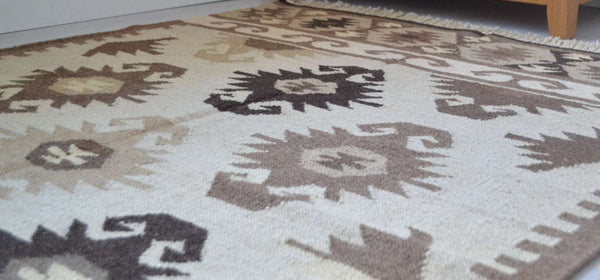 Brown Beige Wool Kilim Rug Geometric 180cm x 120cm Kelim Hand Woven Knotted 6ft x 4ft -Rug