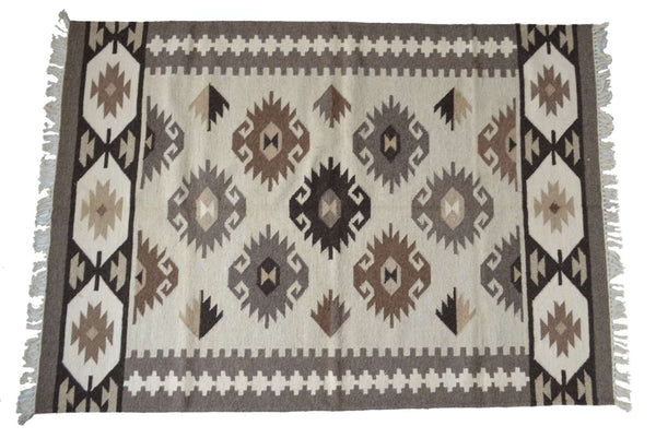 Beige Cream Wool Kilim Rug Geometric 180cm x 120cm Kelim Hand Woven Knotted 6ft x 4ft -Rug