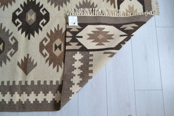 Beige Cream Wool Kilim Rug Geometric 180cm x 120cm Kelim Hand Woven Knotted 6ft x 4ft -Rug