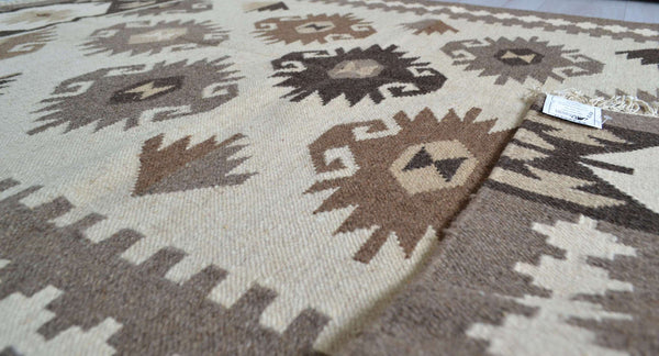 Beige Cream Wool Kilim Rug Geometric 180cm x 120cm Kelim Hand Woven Knotted 6ft x 4ft -Rug