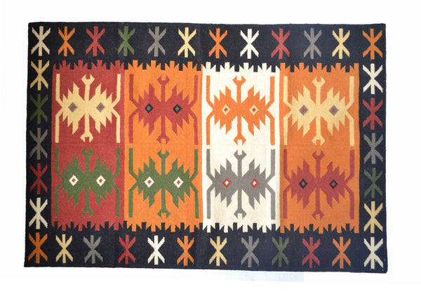 Black Orange Wool Kilim Rug Geometric 180cm x 120cm Kelim Hand Woven Knotted 6ft x 4ft -Rug